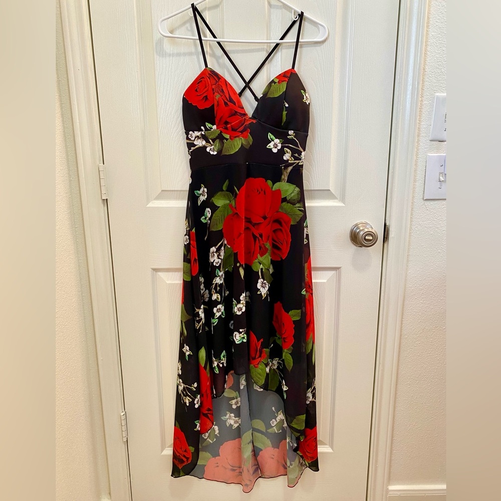 Dress floral black red low high party maxi midi